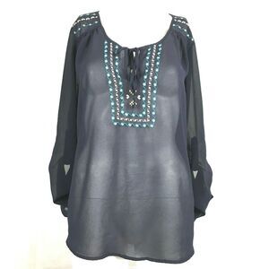 Daniel Rainn Shirt Womens Sz‎ M Navy Blue Boho Chiffon Roll Tab Sleeve Tunic Top